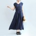 summer navy casual linen sundress plus size women v neck maxi dress