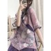 Women Purple Button Print Shirt Tops Half Sleeve