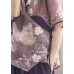 Women Purple Button Print Shirt Tops Half Sleeve