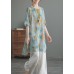 Blue O-Neck Print Low High Design Linen Shirts Half Sleeve