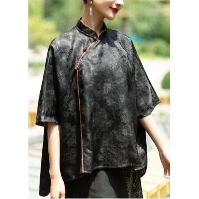 Vintage Black Stand Collar low high design Jacquard Silk Tops Batwing Sleeve