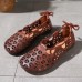 Chocolate Flat Shoes Cowhide Leather Vintage Hollow Out Flats