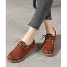 Casual Cross Strap Flat Shoes Brown Cowhide Leather