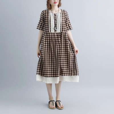 women summer dresses casual Lacing Short Sleeve Plaid Pockets Retro Casual Dress