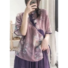 Women Purple Button Print Shirt Tops Half Sleeve