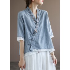 Chinese Style Lake Blue V Neck Double-deck Cotton Top Half Sleeve